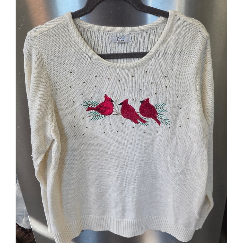 Croft & Barrow Women XXL Sweater Ivory Red Cardinal Bird Embroidered Shimmer